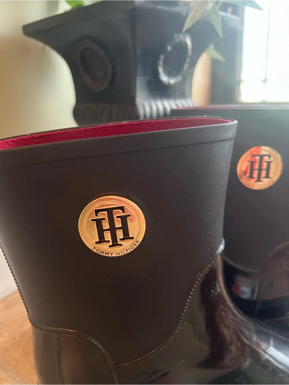 Tommy Hilfiger Black Short Rain Boots with Red Interior